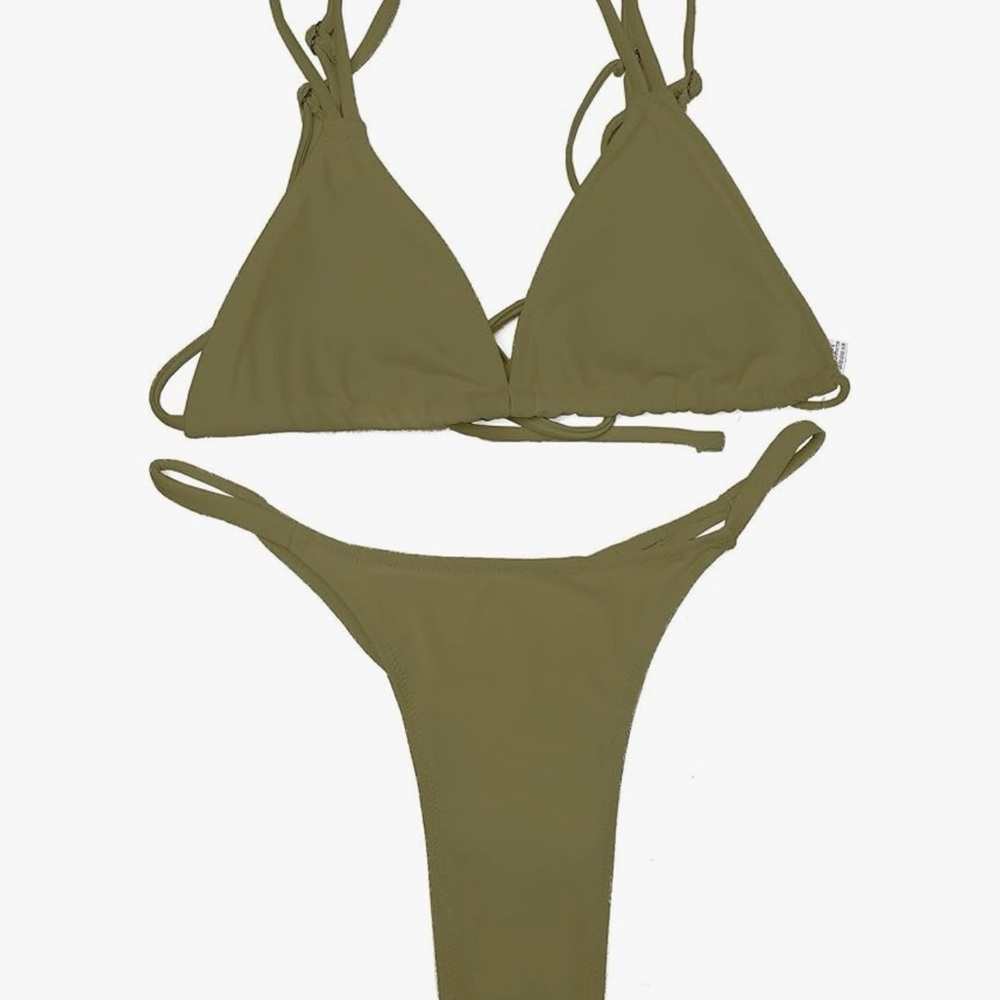 Army Green Triangle Thong Bikini Set - Women's Swim